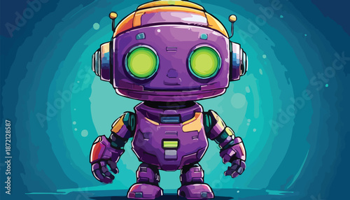 Adorable Purple Robot with Glowing Green Eyes Standing Tall.