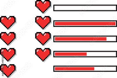 Vector illustration of retro pixel art health status icons including red hearts and horizontal life bars at various energy levels isolated on white background.