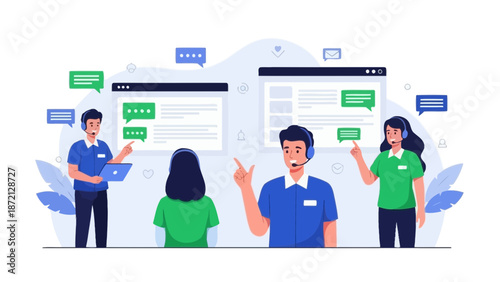 Customer Service Team Communicating Online with Chat Bubbles and Laptops