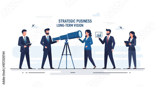 Business Team with Telescope: Strategic Long-Term Vision and Future Planning