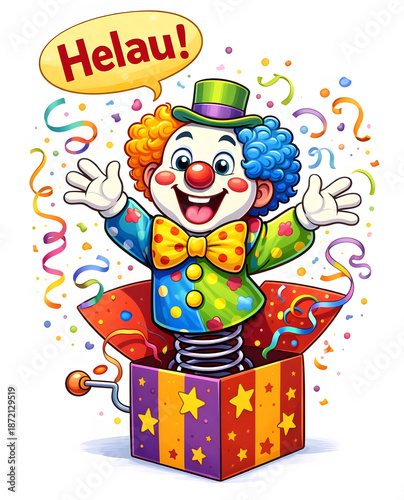 Fröhlicher Cartoon-Clown ruft Helau beim Karneval