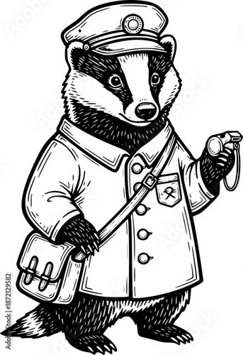 Engraved Badger Illustration: A Postman in Uniform Holding a Woo
