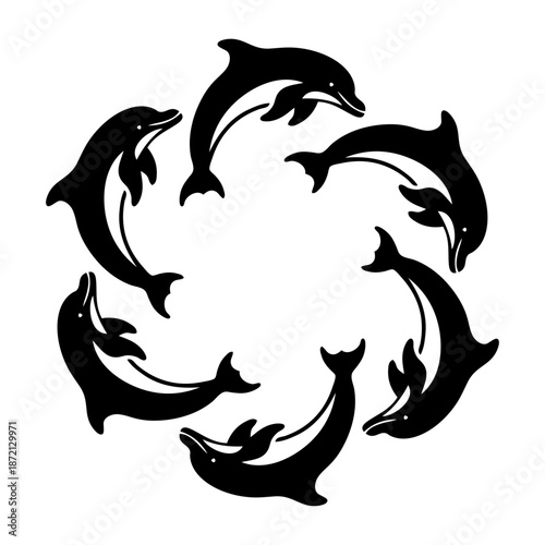 Logo con silueta de grupo de delfines saltando formando una estrella 