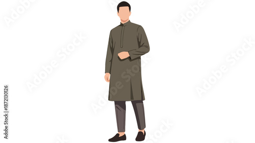 A man wearing a long green tunic and gray pants stands against a plain white background.