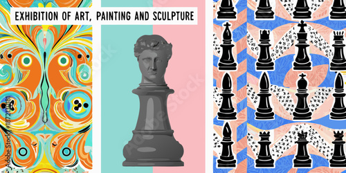 An artistic composition featuring butterfly art a bust and a chess pattern