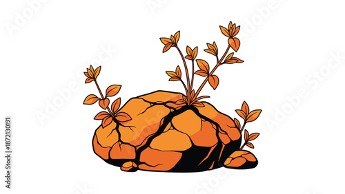 Vibrant orange rock with green and orange plants growing from its crevices, symbolizing resilience, nature, and life emerging from stone.