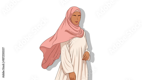 Illustration of a woman wearing a pink hijab and white dress against a clean white background with subtle shadow.