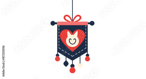 Decorative navy blue banner hanging from a string features a red heart with a white cat face and colorful dangling ornaments.