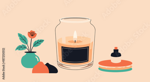 Relaxing aromatherapy set includes a burning scented candle in a glass jar, a tiny flower vase, and small wellness objects.