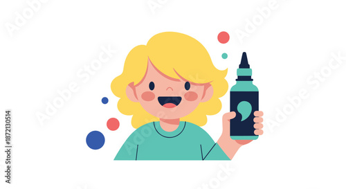 Cheerful young child with blond hair smiles while holding up a blue bottle with a drop logo amidst colorful floating circles.
