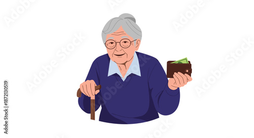 Senior woman with gray hair and glasses holds a brown leather wallet with cash while leaning on a wooden walking stick.