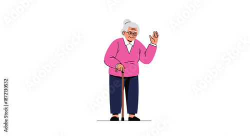 Elderly woman with gray hair wearing a pink cardigan waves her hand while supporting herself with a brown walking cane.