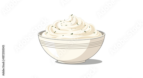 Bowl filled with smooth white cream or savory dip garnished with fresh green herbs presented as a clean vector illustration.