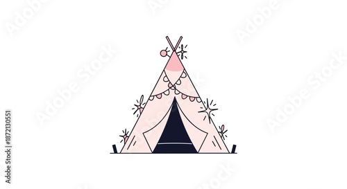 Charming pink play tent for children decorated with a festive pompom garland and sparkling stars on a white background.