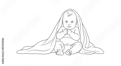 Simple black and white line drawing of a cute baby sitting on the floor while partially covered by a large soft towel.