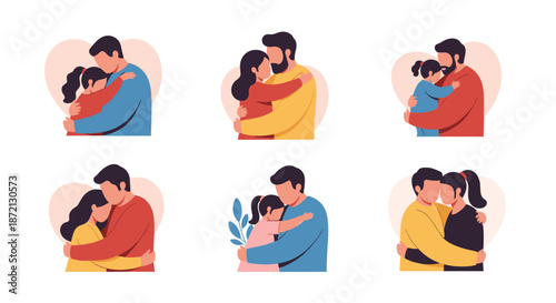 Set of six heartwarming illustrations showing fathers of various ethnicities tenderly hugging their young daughters.