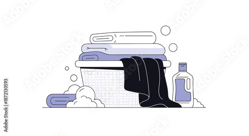Stack of clean folded towels sits in a white wicker laundry basket next to a bottle of blue detergent and floating soap bubbles.