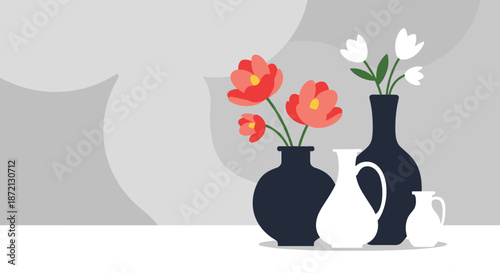 Minimalist still life illustration featuring red poppies and white tulips in dark vases alongside two white ceramic pitchers.