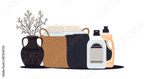 Woven laundry basket filled with clean towels next to decorative floral vase and liquid detergent bottles for household chores.