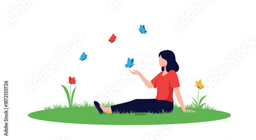 Calm outdoor scene of a woman sitting on green grass while several colorful butterflies flutter around her in a peaceful park.
