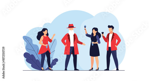 Group of diverse friends enjoying a social gathering with an older gentleman in a red coat as they hold wine glasses together.