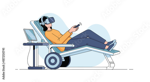 Person reclining in a clinical medical chair and using a virtual reality headset with a remote control during therapy.