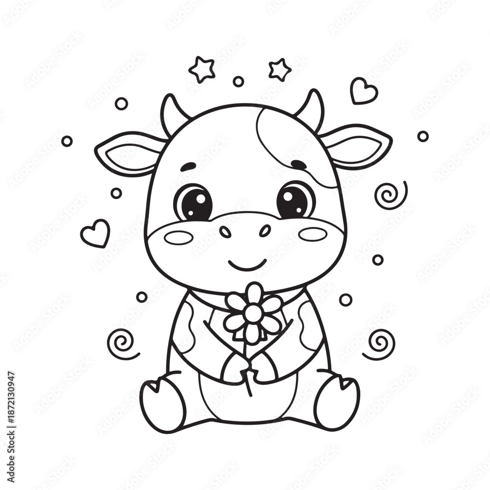 Obraz premium Cute Baby Cow Coloring Page Kawaii Calf Cartoon Black and White Line Art Illustration