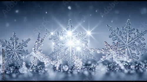 Sparkling Snowflakes on a Winter Background with Shimmering Light and Bokeh Effect.