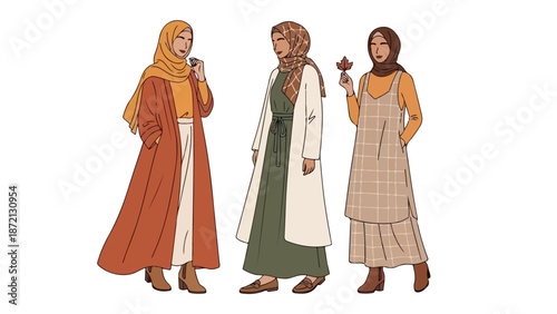 Diverse group of three women in traditional and modern attire standing against a plain white background with a neutral mood.