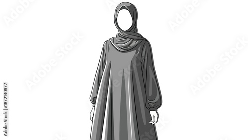 Gray illustration of a woman wearing a hijab and abaya against a white background.
