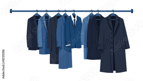 Collection of men's elegant suits, blazers, and coats in various shades of blue and gray hanging on a rail, symbolizing formal fashion.