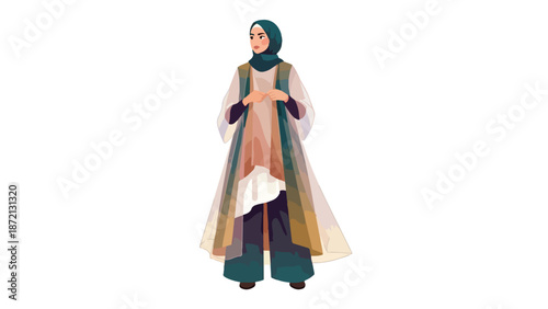 A woman wearing a headscarf and traditional Middle Eastern clothing stands against a white background.