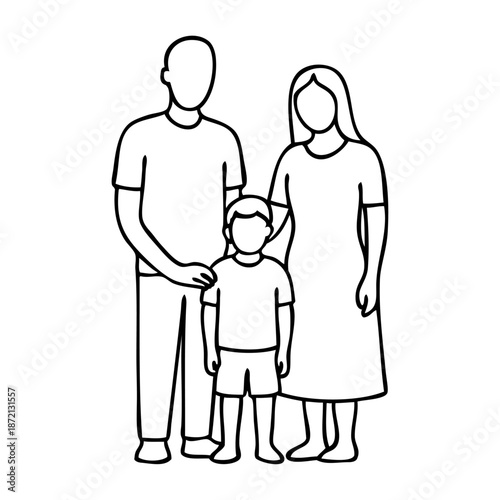 Símbolo familia. Dibujo de trazo único de hombre y mujer con hijo de pie