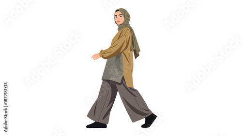 Illustration of a woman wearing a headscarf and casual clothing walking with her arms outstretched on a white background.