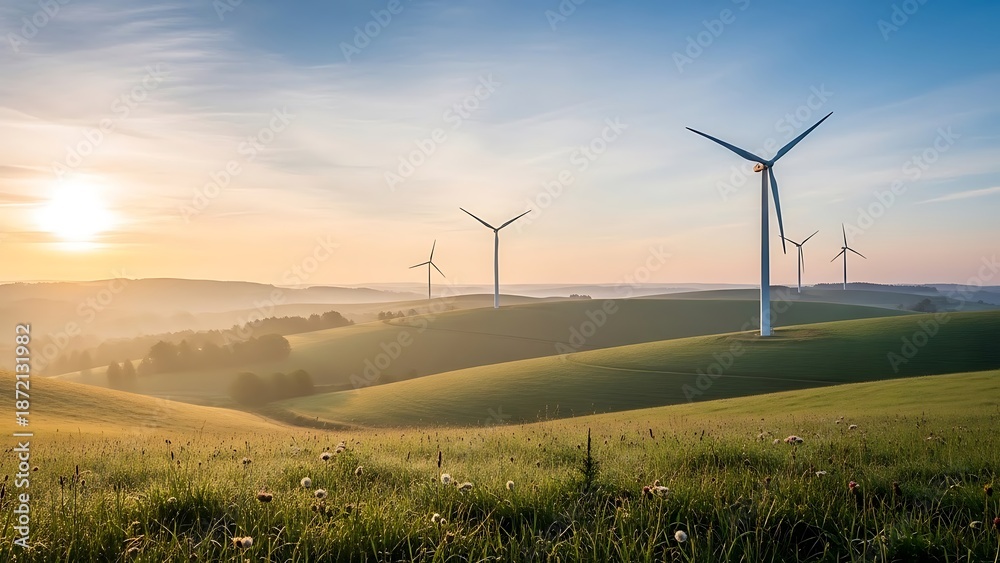 Obraz premium Wind turbines stand tall on rolling green hills under a beautiful sunrise, symbolizing renewable energy and a sustainable future.