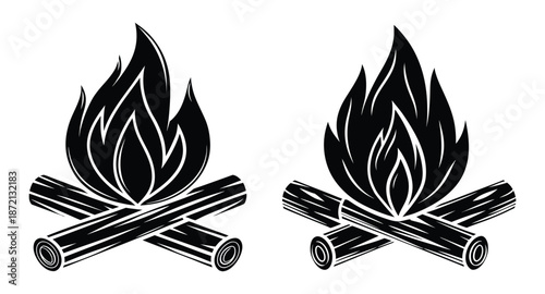 Campfire Silhouette Vector Illustration Black Bonfire with Crossed Logs
