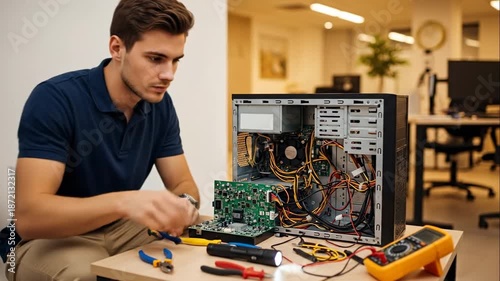 Technician working on computer hardware repair and diagnostics.