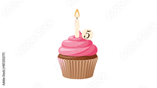 Delicious pink frosted cupcake with a number five candle, perfect for celebrating a fifth birthday or small anniversary.