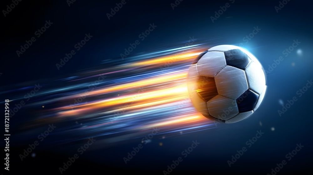 Fototapeta premium A soccer ball is moving at high speed, surrounded by glowing lines that convey a sense of motion and power. Symbolizing sports, energy, competition, and the thrill of victory.