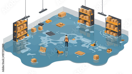 Isometric view of a flooded warehouse with a worker surveying the extensive water damage to shelves, boxes, and equipment.