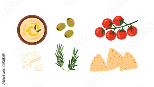Assortment of Mediterranean meze ingredients including hummus, olives, cherry tomatoes, feta cheese, rosemary, and pita chips.
