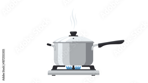 Steaming pot on a gas stove with blue flames, symbolizing cooking, boiling, and culinary preparation in a kitchen.