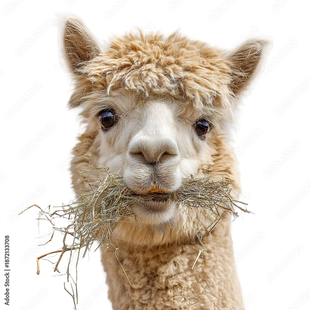 Fototapeta premium Alpaca Portrait in Soft Focus with Hay in Mouth on White Background for Animal Lovers