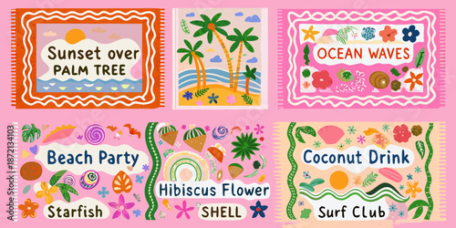 Colorful summer themed illustrations featuring beach scenes and tropical elements