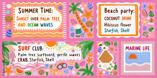 Colorful summer themed illustrations with beach elements and tropical vibes