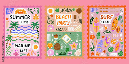 Colorful summer themed postage stamps with beach and surf illustrations