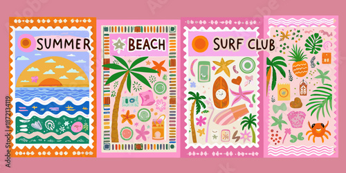 Colorful summer themed postage stamps displaying beach and surf club imagery