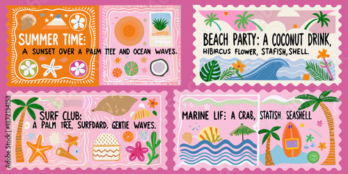 Colorful summer postcard set featuring tropical themes beach scenes and hibiscus flowers