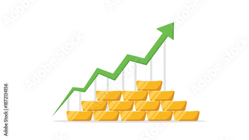 Stack of shiny gold bars forming a pyramid, with a strong green arrow indicating significant market growth and profitability.
