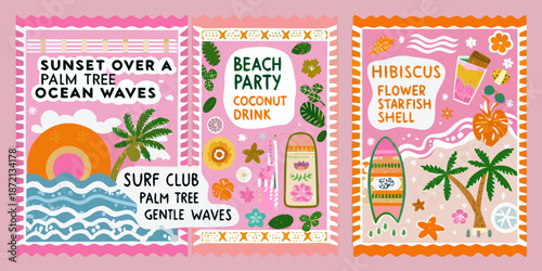 Colorful illustrated postcard set featuring tropical themes and summer vacation elements